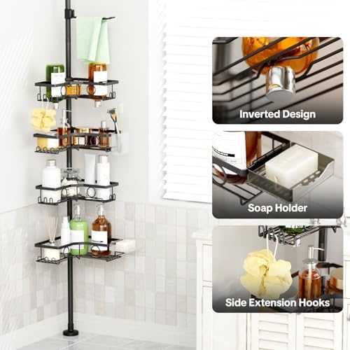 Corner Shower Caddy Tension Pole, 4 Tier Rustproof Shower Tension Rod Organizer with Soap Holder & Hooks, Adjustable 30-121 Inch Bathroom Shelf for Renters - Family Stand Storage Rack, Black - Image 7