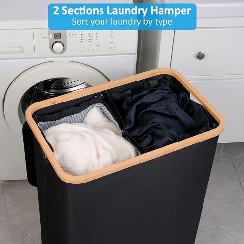 efluky Double Laundry Hamper with Lid, Divided Laundry Hamper with Removable Bags, 2 Section Dirty Clothes Basket with Handles for Bathroom, Bedroom & Laundry Room, 160L Black - Image 3