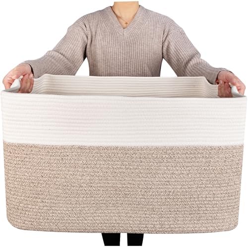 MINTWOOD Design 22in Extra Large Blanket Basket Holder Living Room, Rectangle Rope Woven Storage Basket with Handles for Laundry, Pool Towels, and Shoes, Dog Toy Organizer Bin Box, Light Brown by MINTWOODDesign