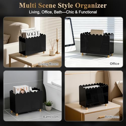 Acrylic Magazine Holder, Magazine Rack Floor,Sleek Black Stylish Organizer with Luxe Gold Metal Feet and Wave Edge Design Space Saving Storage for Books Newspapers Office Supplies,Home Office(Black) - Image 3