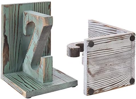 MyGift Wood Bookends, Book Ends for Shelves with Decorative White and Blue Alphabet A and Z Design, Book Stopper for Heavy Books, Home Office Desktop Decor, Vintage - Image 6