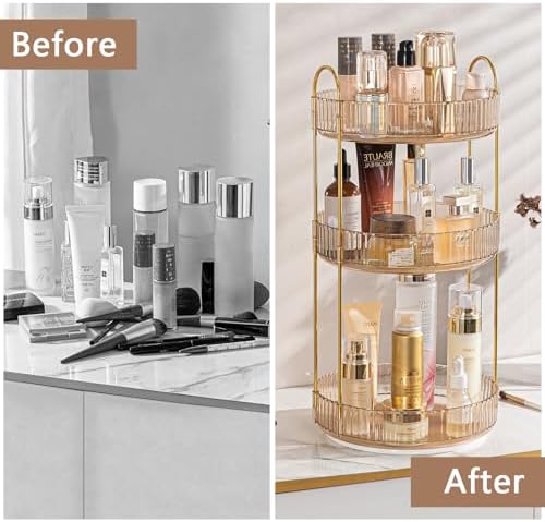 shuang qing Rotating Makeup Organizer for Vanity, High-Capacity Skincare Clear Make Up Storage Perfume Organizers Cosmetic Dresser Organizer Countertop 360 Spinning (Gold, 3 Tier) - Image 3