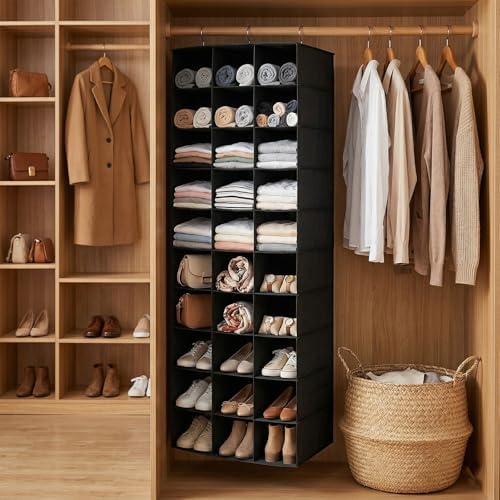 30 Section Hanging Shoe Organizer for Closet, Hanging Closet Organizer and Storage Space-Saving Foldable Clothes Shelf with Sturdy Hooks for Wardrobe, Dorm, Bedroom, Rv, Black - Image 2