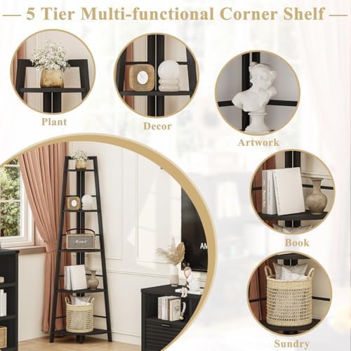 BON AUGURE 5-Tier Corner Shelf, Tall Corner Bookshelf for Living Room - Image 6