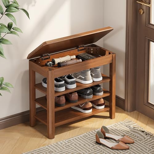 IUNVR Shoe Rack Bench Seat Rubberwood 3-Tier Wooden Storage Bench 550lbs Compact Mid-Century Modern Design for Entryway, Hallway, Closet, Front Door Entrance, Foyer by IUNVR