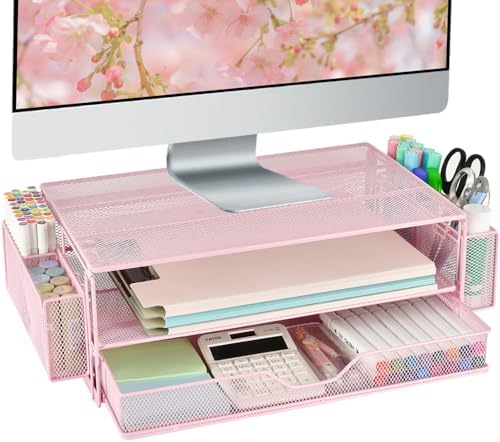 AUPSEN Computer Monitor Stands Riser，2-Tier Desk Organizers and Accessories, Office Desk Accessories Organizer with Drawers and 2 Pen Holder for Office Supplies (Pink) by AUPSEN