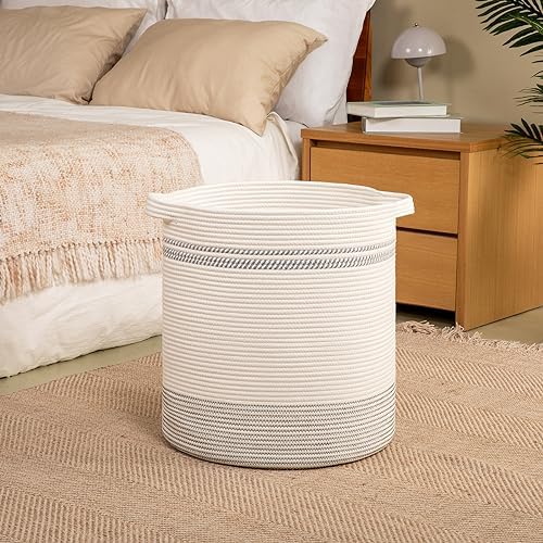 OIAHOMY 80L Laundry Basket, Laundry Hamper, Cotton Rope Storage Basket with Handles, Decorative Woven Basket for Living Room,Storage Baskets for Clothes, Blankets, and Toys -20''×18'', White&Gray - Image 2