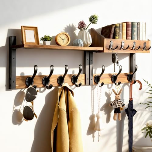 ZOCONE 29" Wood Coat Rack Wall Mount with Shelf, Separable Coat and Key Holder Wall Mount, Entryway Coat Rack with Carbon Steel Fixing Rod for Greater Load-Bearing and Stability, Living Room,Bedroom by ZOCONE
