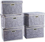 PRANDOM Large Storage Boxes with Lids [5-Pack] Fabric Decorative Storage Bins Cubes Organizer Containers Baskets with Handles for Closet Grey 17.5x11.8x11.8 In For 6+ Year Old Boys and Girls by Prandom
