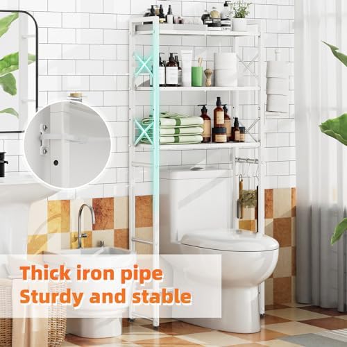 Simple Trending Over The Toilet Storage Rack with Toilet Paper Holder, Heavy Duty Metal 3 Tier Bathroom Organizer Shelf with 3 Hooks, White - Image 5