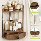 2-Tier Corner Bathroom Counter Organizer with Drawer, Dark Brown - Image 4