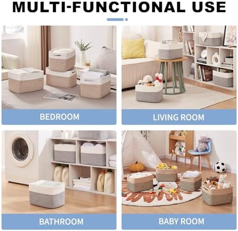 OIAHOMY 4 Pack Storage Basket, 13"x9"x7.8" Cotton Rope Baskets for Shelves, Closet Organizer for Bedroom & Living Room, Soft Decorative Bins for Organizing Towels, Books & Toys, Grey & White - Image 4