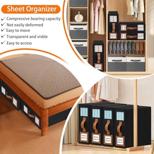 GhvyenntteS 12 Pack Bed Sheet Organizers and Storage, Sturdy Bed Sheet Organizer with Zipper and Handle, Foldable Linen Closet Organizers and Storage with Window and Label, Black - Image 7