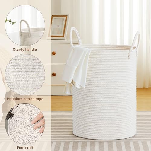 72L Large Tall Cotton Rope Laundry Basket with Handles, White - Image 3