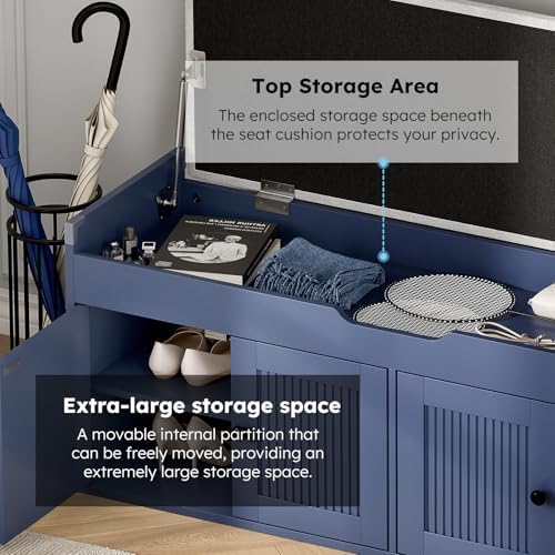 47.2" Storage Bench - Entryway Shoe Bench with 4 Doors and Top Storage Area, Multifunctional Entryway Bench with Lift Top Cushion, Shoe Storage Bench for Bedroom, Living Room, Navy Blue - Image 5