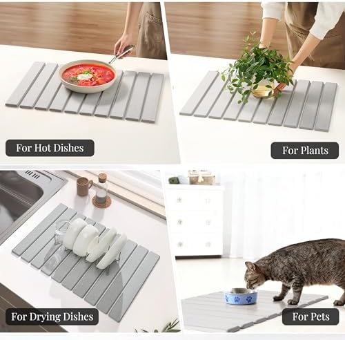 Stone Dish Drying Mat with Collapsible Stainless Steel Rack, Large 23.6 x 15.3 in Diatomaceous Earth Dish Drying Set for Kitchen Counter, Quick Dry, Foldable, Space Saving - Image 3