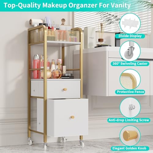 HapiRm Rolling Makeup Cart Organizer - Floor Skincare Make Up Storage with 2 Non-woven Fabric Drawers, Vanity Organizer Cosmetic Display Cases Holder for Skin Care Perfume Nail Polish Brush Hair Tool - Image 5