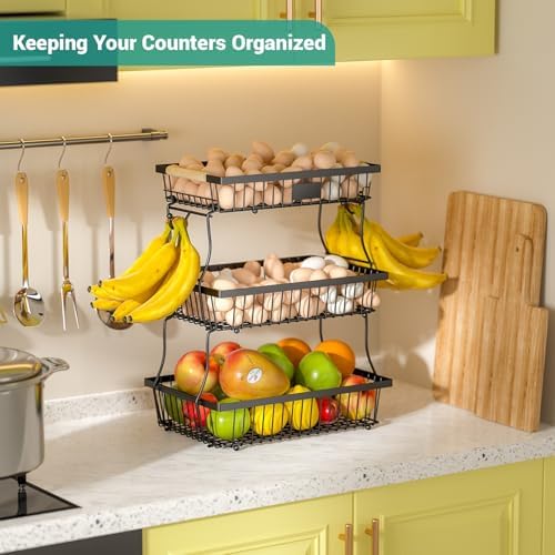 3 Tier Fruit Basket for Kitchen Counter with 2 Banana Hangers, Countertop Metal Fruit Bowl with Wooden Handle, Large Storage Stand for Vegetables, Snacks, Breads, Produce Storage – Black - Image 3