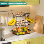 3 Tier Fruit Basket for Kitchen Counter with 2 Banana Hangers, Countertop Metal Fruit Bowl with Wooden Handle, Large Storage Stand for Vegetables, Snacks, Breads, Produce Storage – Black - Image 3