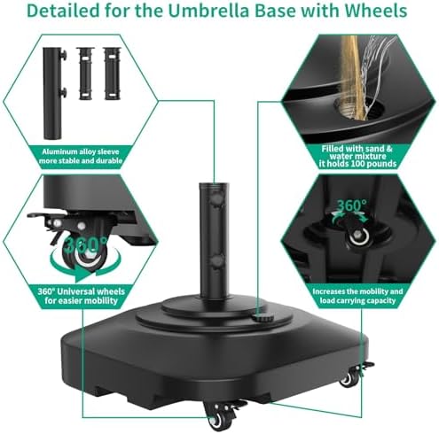 QZER Large Fillable Umbrella Base with 5 Wheels, Outdoor Umbrella Stand - Image 6