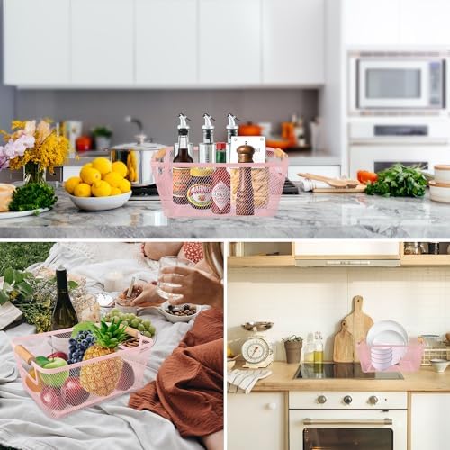 PTSGCAI 2Pack Metal Mesh Steel Basket with Bamboo Handle - Wire Metal Basket for Kitchen Organization, 12" Wide Food Organizer Bin, Perfect for Organizing Bulk Pantry (PINK) - Image 7