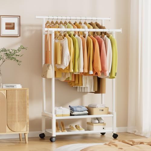 Double Rod Clothing Rack with 2 Shelves, Rolling, White - Image 2