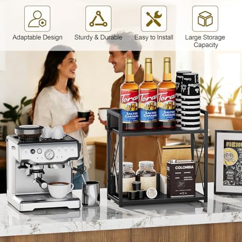 Giikin Kitchen Countertop Organizer, 2 Tier Coffee Bar Organizer, Black Spice Rack for Counter, Kitchen Counter Shelves, Particleboard,15.8" L x 7.9" W x 15.8" H (Black, L) - Image 2