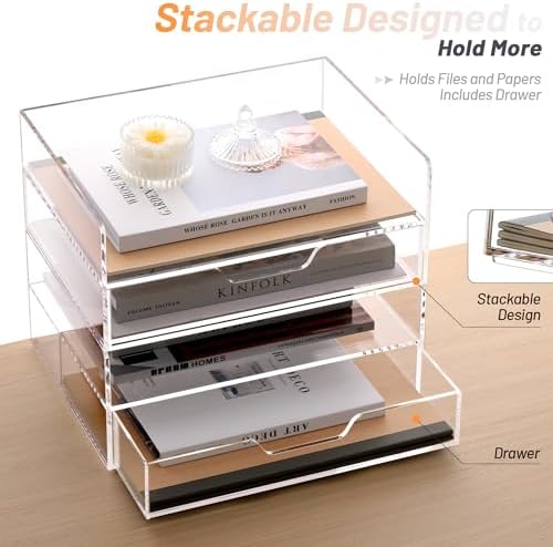 SANRUI Acrylic Desk Organize with Drawer, Stackable File Organizer, 2-Tier - Image 3