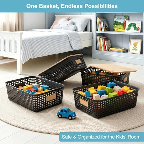 Bagnizer 4 Pack Plastic Storage Bins with Bamboo Lids, 6.2qt Stackable Storage Organizer Box with Lable for Pantry Shelves Drawers Desktop Office, 12"L x 8.3"W x 3.5"H, Black - Image 4