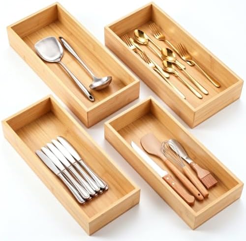 4 Pcs Bamboo Drawer Organizer Stackable Utensil Organizer for Kitchen Bamboo Storage Box Wood Silverware Tray for Drawer, Dresser, Bathroom (15" X 6" X 2") by Ferrochef