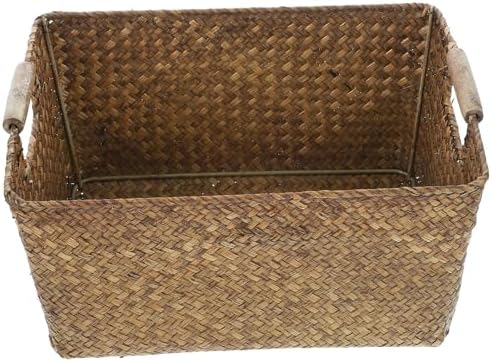 Seagrass Woven Storage Basket with Wood Handles Desktop Organizer by NUOBESTY