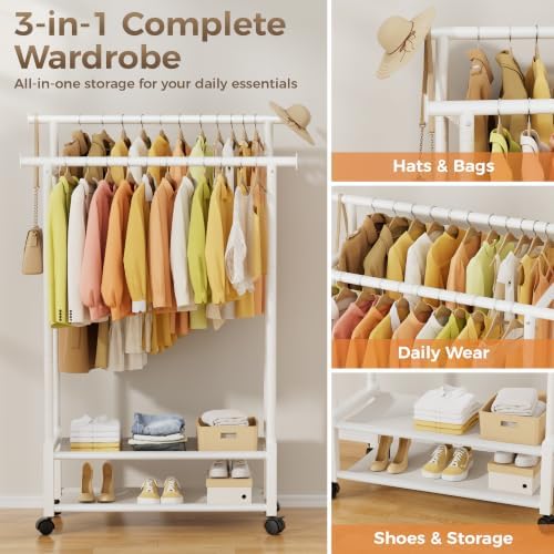 Double Rod Clothing Rack with 2 Shelves, Rolling, White - Image 5