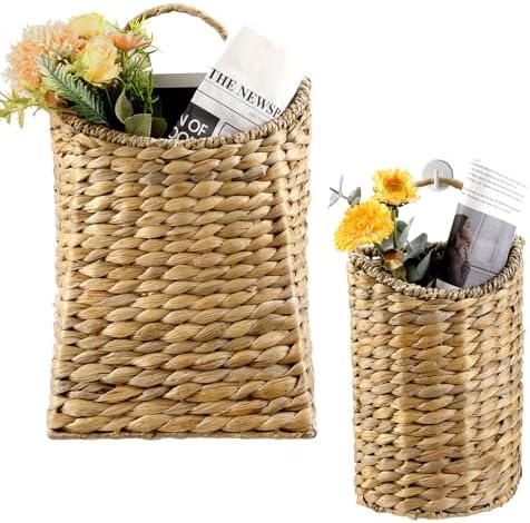 2 Pack Woven Hanging Basket Set, Wicker Wall Baskets Handmade Seagrass Planters for Front Door, Garden, Farmhouse Home Decor by VZZNN