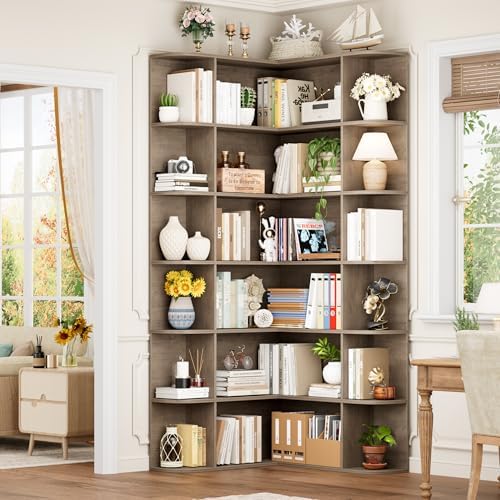 FOTOSOK 72" Tall Corner Bookshelf, 6-Tier Bookshelf and Bookcase, Grey - Image 3