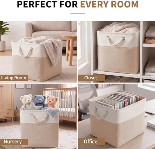 13×15×13 Inch 6 Pack Foldable Fabric Storage Basket with Handles,Extra Large Storage Basket,Decorative Storage Basket for Organizing Clothes, Toys, Books(White&Beige) - Image 6