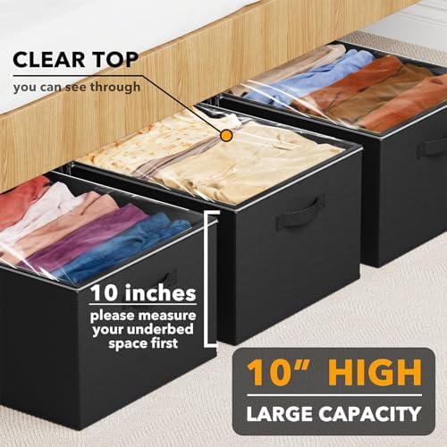 SpaceAid 3 Pack 10" High Under Bed Storage Containers, Large Underbed Storage Organizer Bins with Lids for Bedroom, Dorm, Clothes, Closet Organization, Bed Sheets and Blankets (Black) - Image 2