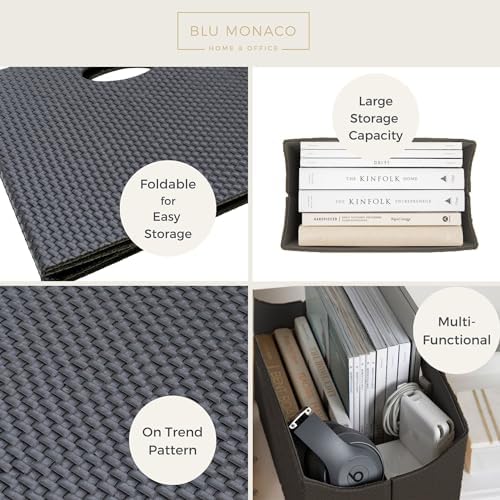 BLU MONACO | Black Woven Leather Magazine Holder with Handles | Stylish Magazine Rack for Floor or Table | Decorative Basket for Living Room, Office, or Reception - Image 4