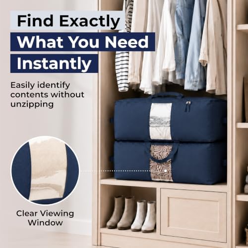 Soft Canvas Storage Bags with Zipper. Thick Breathable, 2pc King/Queen Comforter Organizer. Four Carrying Handles and Window. Large 25x19x9in Bag for Sheets Blankets Bedding Pillows, Clothes (Blue) - Image 5