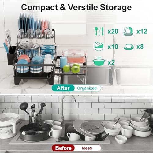 iSPECLE 2 Tier Dish Drying Rack - Expandable Over Sink & Counter Use, Black - Image 7