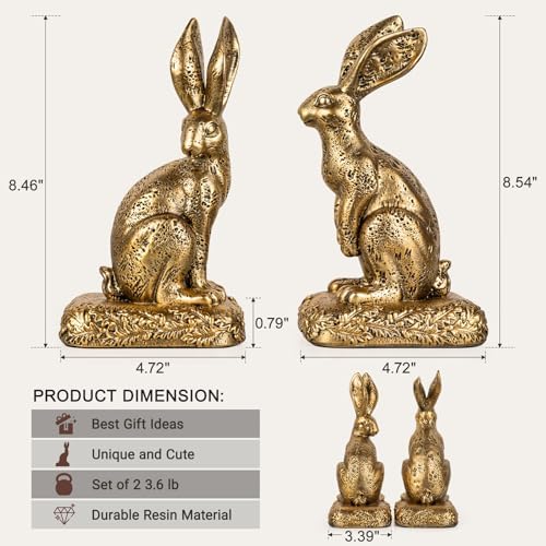 Rabbit Bookends, Decorative Bunny Book Ends for Shelves, Unique Rabbit Figurine Bookends, Heavy Resin Book Holder for Bookshelf Home Office Nursery Decor (Gold) - Image 3