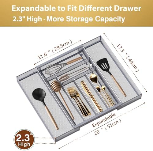 Sedegn Silverware Organizer Metal Mesh, Large Drawer Organizer, Utensil Cutlery Tray for kitchen drawers, Expandable Flatware Organizer with 8 Compartment Silver 11.6"~20" x 17.3" - Image 2