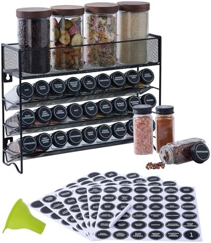 Spice Rack Organizer with 27 Spice Jars with Black Lids by Fiwence