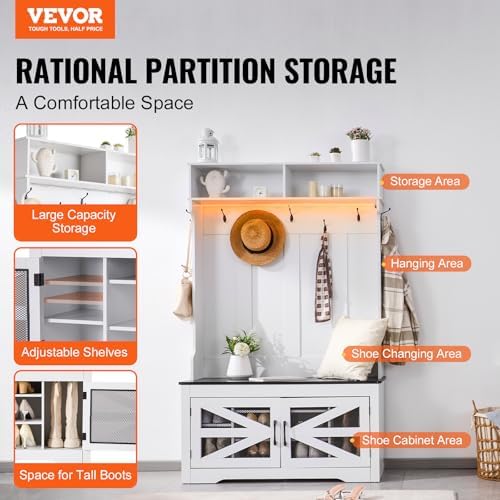 VEVOR Hall Tree Entryway Bench, LED Coat Rack with Shoe Storage, 42" Wide Mudroom Bench with Storage and Seating, Adjustable Shelves and 7 Hanging Hooks, for Mudroom, Entryway, Hallway - Image 4