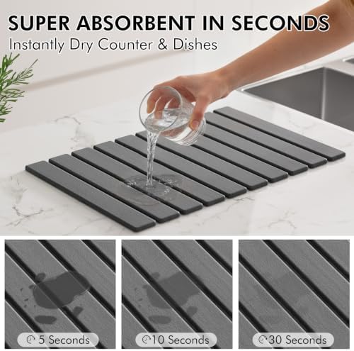 4 Pcs Stone Dish Drying Mat for Kitchen Counter, 24''x16'' Super Absorbent Diatomaceous Earth Stone Drying Mat Faucet Mat with 2 Coasters, Quick Dry Mat for Kitchen Counter Dishes Cups - Image 3
