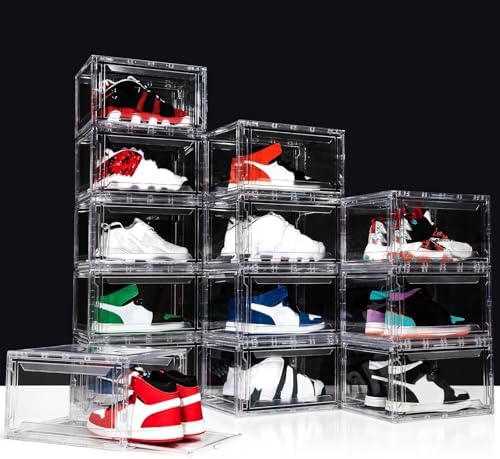 Upgraded 12 Pack Shoe Box,Acrylic Clear Shoe Boxes,Drop Front Shoe Storage Box,Clear Plastic Stackable Sneaker Box,Shoe Containers,Shoe Display Case,Sneaker Storage,Fits Up to Size 15 by AOHMPT