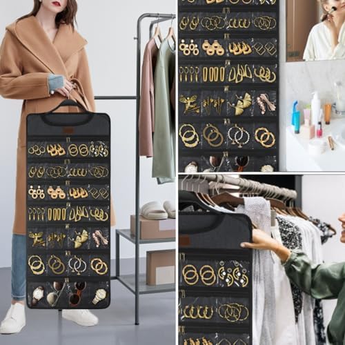 SMRITI Hanging Jewelry Organizer with Dual Zippered Pockets Canvas Double Sided Rotating Hanger Necklace Hanging Wall Organizer Earring Dustproof Holder Wall Mount Accessories Display Bag(Dark Grey) - Image 2