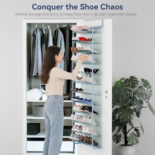 Whitmor 36 Pair Over the Door Shoe Rack,12 Tier Hanging Shoe Organizer with Metal Frame & Mesh shelves, Heavy Duty Shoe Storage Holder for Door,No Drill Installation, 74" H x 21.7" W x 7.5" D, Blue - Image 3