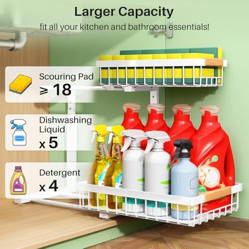 Kitstorack Under Sink Organizer, 2 Tier Under the Sink Storage, Slide out Pull out Cabinet Organizer Shelf, Metal Sliding Drawer for Kitchen Bathroom Pantry Closet Organization Rack, White, 2 Pack - Image 3