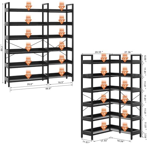 KOUSEI 6 Tier Bookshelf, L Shaped Corner Bookcase, 69 Inch, Black - Image 3