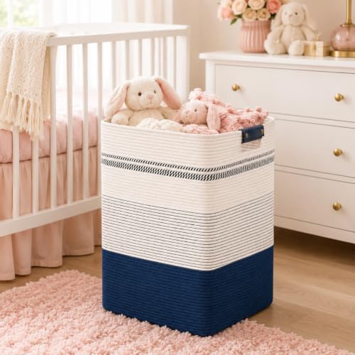 Laundry Hamper, Cotton Rope Laundry Basket with Leather Handles, 25.1-Gallon/95 L Large Clothes Hampers for Laundry, Woven Laundry Baskets for Blankets, Clothing, Bedroom, Living Room, Nursery - Image 5